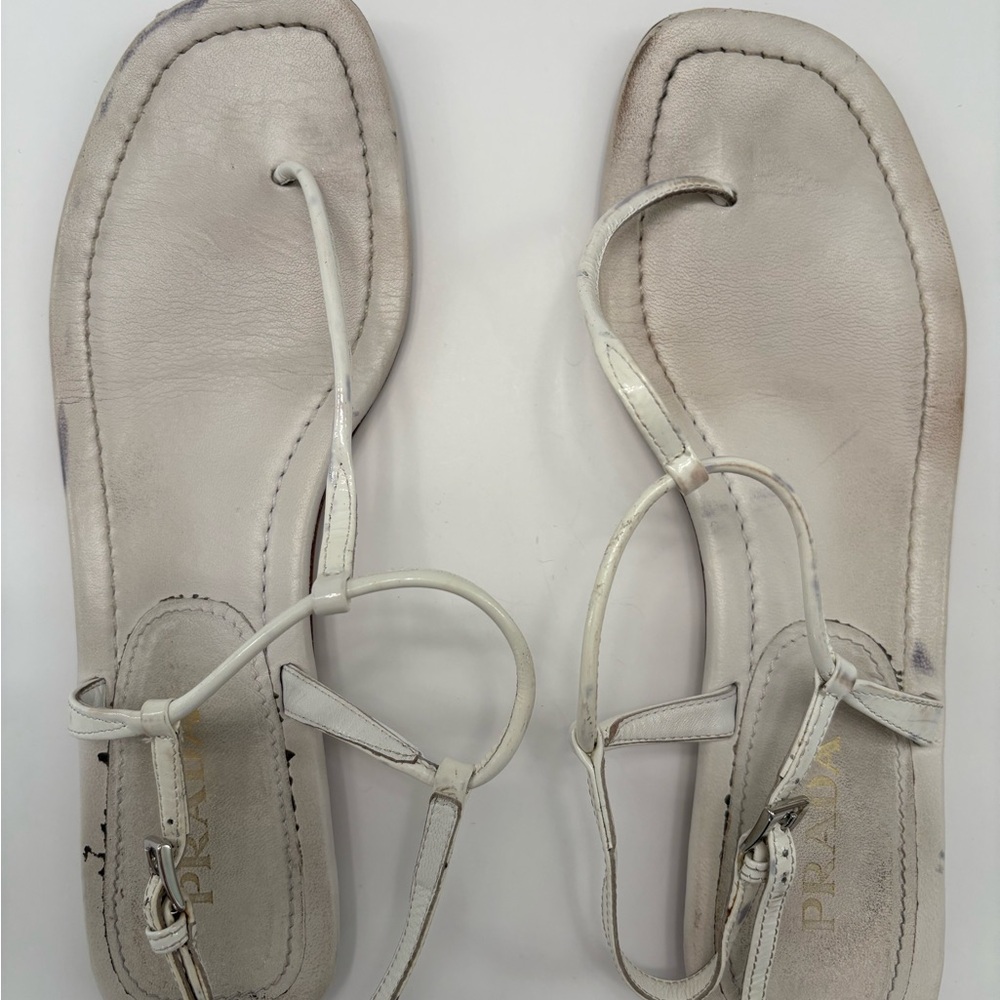 Prada White T-Strap Sandals with Buckle